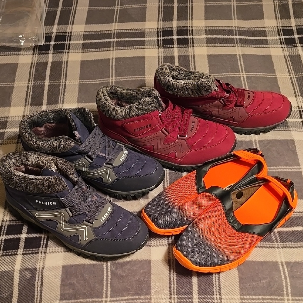 Shoes - Red boots men's 11, Blue boots men's 11, Orange water shoes mens 9.5